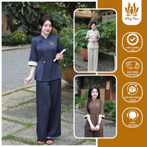 Bộ đồ lam đi chùa đũi thái cổ tàu thêu hoa sen (PH02)