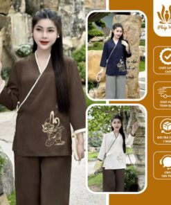 Bộ đi chùa thêu Sen “AN” vạt chéo thắt nơ đũi Thái mềm mịn thoáng mát (PH04)