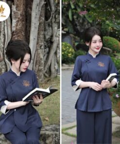 Bộ đồ lam đi chùa đũi thái cổ tàu thêu hoa sen (PH02)