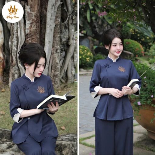 Bộ đồ lam đi chùa đũi thái cổ tàu thêu hoa sen (PH02)