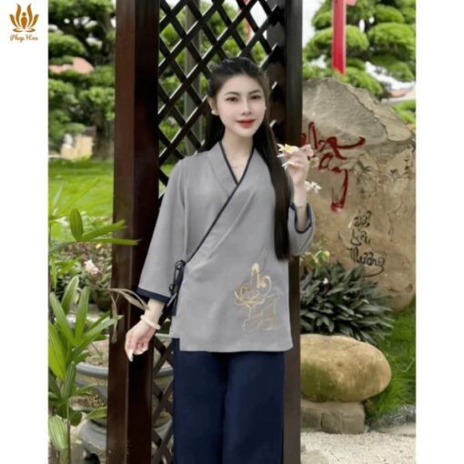 Bộ đi chùa thêu Sen “AN” vạt chéo thắt nơ đũi Thái mềm mịn thoáng mát (PH04)