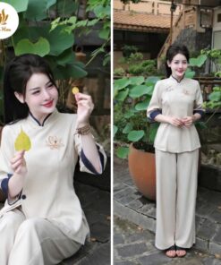 Bộ đồ lam đi chùa đũi thái cổ tàu thêu hoa sen (PH02)