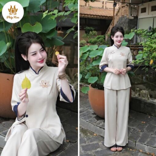 Bộ đồ lam đi chùa đũi thái cổ tàu thêu hoa sen (PH02)