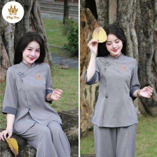 Bộ đồ lam đi chùa đũi thái cổ tàu thêu hoa sen (PH02)