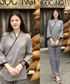Bộ đi chùa thêu Sen “AN” vạt chéo thắt nơ đũi Thái mềm mịn thoáng mát (PH04)