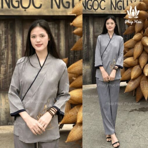 Bộ đi chùa thêu Sen “AN” vạt chéo thắt nơ đũi Thái mềm mịn thoáng mát (PH04)