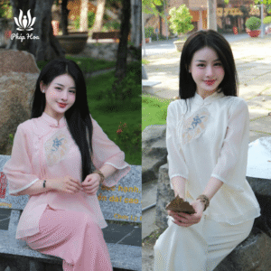 Bộ trang phục đi chùa mùa hè thêu quạt voan tơ