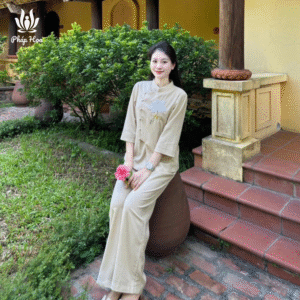 Bộ trang phục đi chùa mùa hè thêu Sen và chữ An cổ tàu
